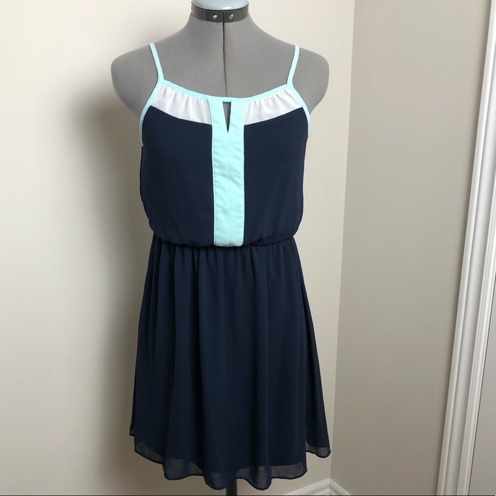 iZ Byer Navy Blue Sleeveless Blouson Short Dress | Keyhole Summer Dress | XSmall